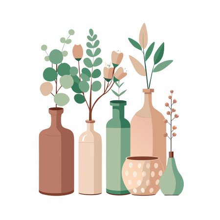 Still life of assorted vases with floral arrangements, soft color palette and minimalist styleのイラスト素材