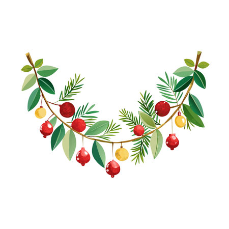 Festive garland with red and yellow ornaments amidst green leaves, branches holiday decoration.のイラスト素材