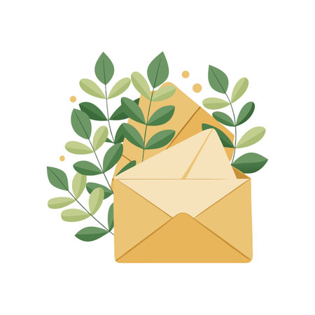 Stylized Illustration of Envelopes and Foliage on a White Backgroundのイラスト素材