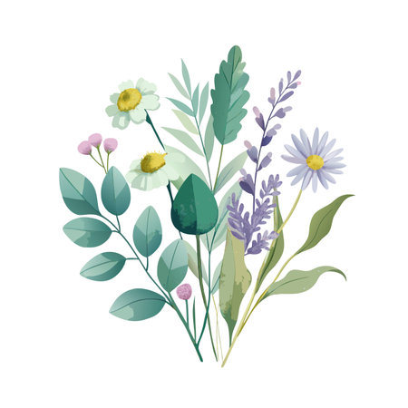 Watercolor floral bouquet illustration featuring daisies, lavender, and eucalyptus leaves on a white backgroundのイラスト素材
