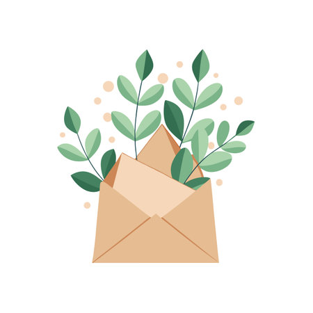 Illustration of an open envelope filled with green branches and peach circles on white backgroundのイラスト素材
