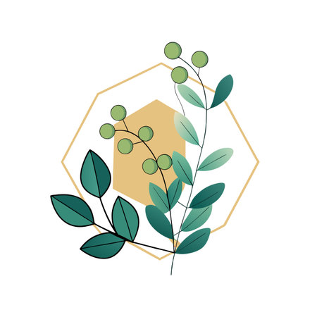 Elegant botanical illustration with geometric frame and leaf and berry accents for design projectsのイラスト素材