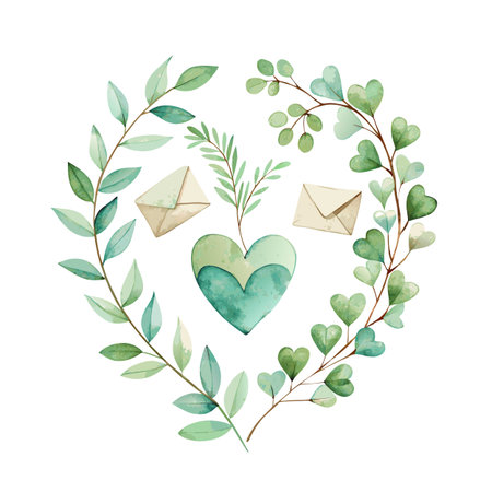 Watercolor Heart Wreath with Envelopes and Greenery for Wedding or Valentine's Dayのイラスト素材