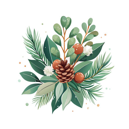 Elegant watercolor botanical arrangement with pinecone, leaves and berries for holiday season decorのイラスト素材