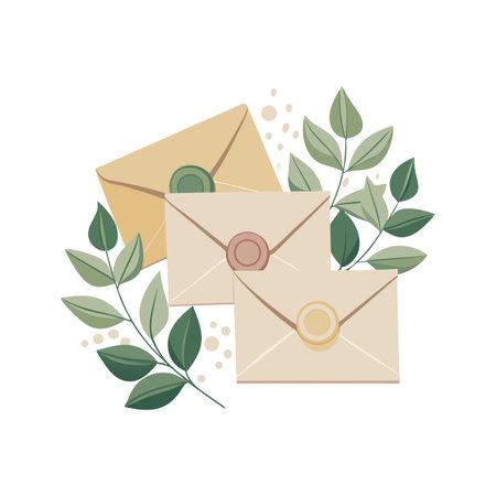 Elegant Envelopes with Botanical Accents: A Flat Vector Illustration for Communicationのイラスト素材