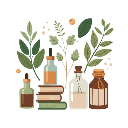 Botanical Still Life with Essential Oil Bottles and Books on White Backgroundのイラスト素材