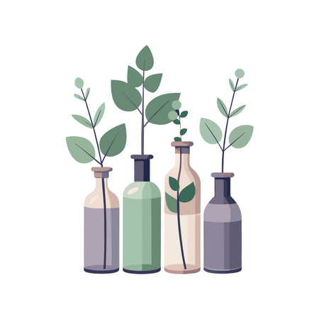 Minimalist Illustration of Four Glass Bottles with Green Leaves on a White Backgroundのイラスト素材