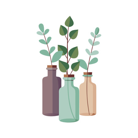 Three decorative glass bottles filled with plant stems, minimalist flat design against white...