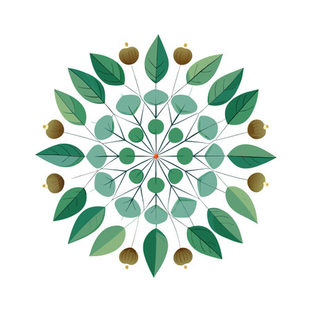 Flat design botanical mandala featuring leaves and fruit arranged in a radial patternのイラスト素材