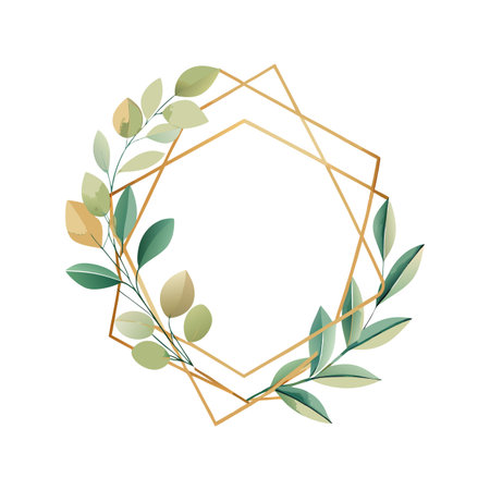 Elegant golden geometric frame adorned with watercolor leaves in muted green and beige tonesのイラスト素材