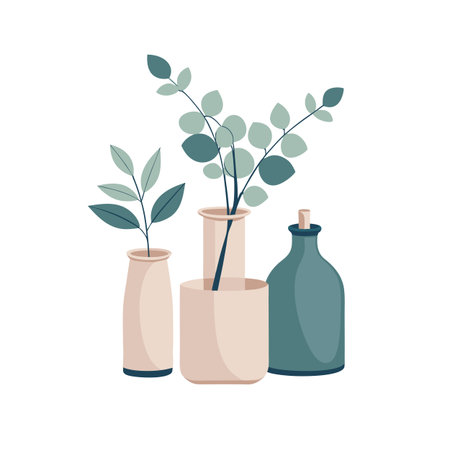 Elegant Still Life: Minimalist Vases with Botanical Elements on White Backgroundのイラスト素材