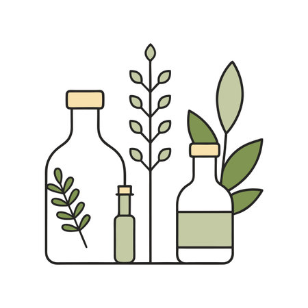 Minimalistic still life illustration of essential oil bottles with various botanical elementsのイラスト素材