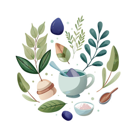 Watercolor Illustration of Wellness and Herbal Tea Composition with Tea Leaves and Berriesのイラスト素材