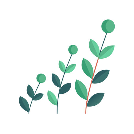 Three abstract plant stems with leaves showing growth stages on white backgroundのイラスト素材