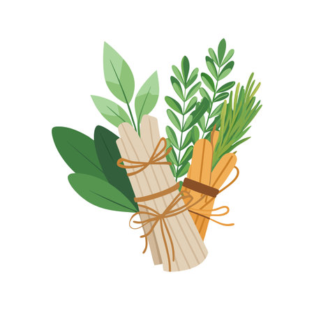 Stylized Illustration of Aromatic Herbs and Bundled Sticks for Cooking and Wellnessのイラスト素材