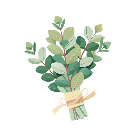 Eucalyptus Bouquet Illustration with Beige Ribbon, Ideal for Weddings and Minimalist Designのイラスト素材