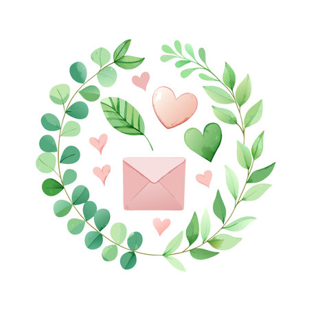 Watercolor wreath of leaves, hearts, and envelope on white background for valentine's dayのイラスト素材