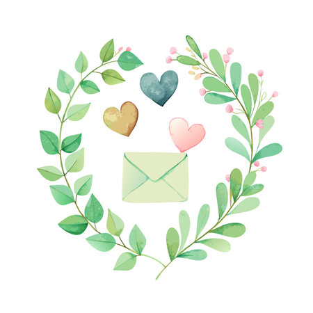 Watercolor Greenery Wreath with Hearts and Envelope on White Background for Valentine's Dayのイラスト素材