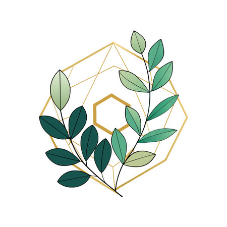 Botanical Illustration of Green Leaves with Golden Geometric Frame for Minimalist Designのイラスト素材