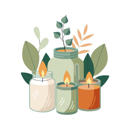 Relaxing Spa Arrangement: Candles and Foliage for Home Decor and Wellnessのイラスト素材