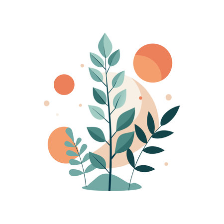 Abstract Flat Vector Illustration of Plants and Circles with Earth Tone Colorsのイラスト素材