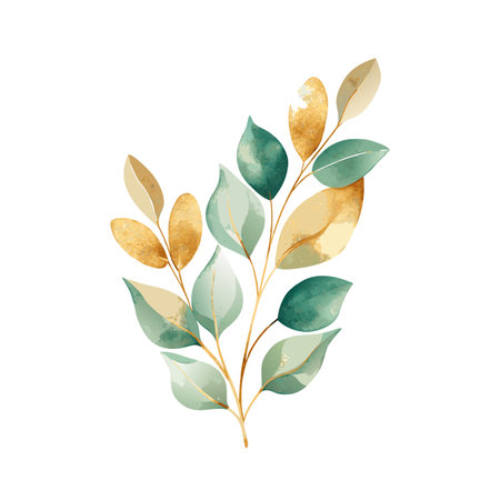 Elegant Watercolor Eucalyptus Branch with Golden Accents for Wedding and Stationery Designのイラスト素材