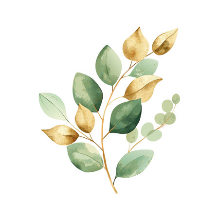 Watercolor Illustration of Golden and Green Eucalyptus Branch on a White Backgroundのイラスト素材