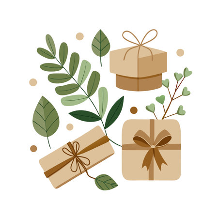 Flat Vector Arrangement with Presents and Foliage for Festive or Decorative Designのイラスト素材