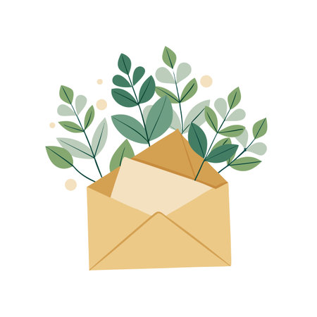 Elegant Envelope with Greenery: A Stylized Flat Illustration of Correspondence and Natureのイラスト素材