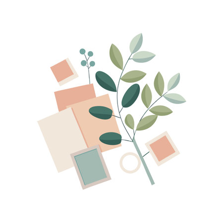 Geometric Botanical Illustration with Pastel Squares and Rounded Elements on White Backgroundのイラスト素材