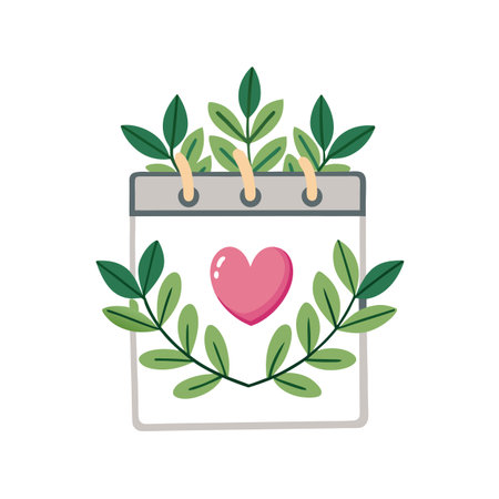 Stylized calendar page adorned with leaves and a heart, symbolizing a special date.のイラスト素材