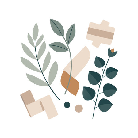Modern botanical flat lay design featuring leaves, branches, and abstract geometric shapes on a white backgroundのイラスト素材