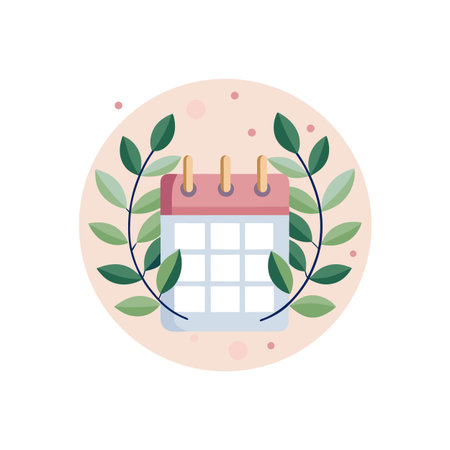 Flat Vector Graphic of a Calendar with Green Branches on a Light Pink Backgroundのイラスト素材