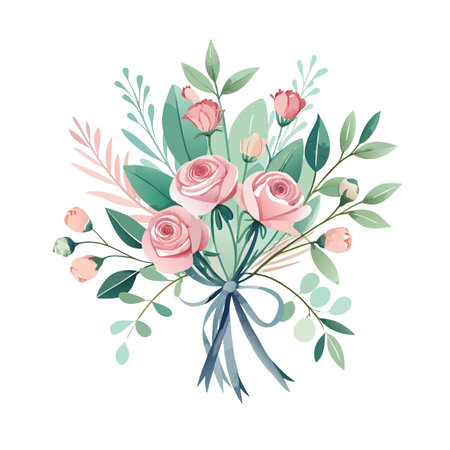 Elegant Watercolor Rose Bouquet with Blue Ribbon on White Background for Celebrationsのイラスト素材