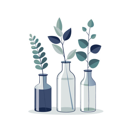 Three glass bottles with plant sprigs in varying shades of green and blue flat designのイラスト素材