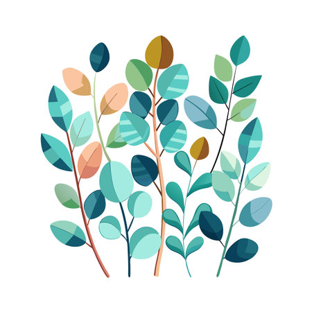 Abstract botanical illustration of stylized leaves and branches in muted pastel colors on white background.のイラスト素材