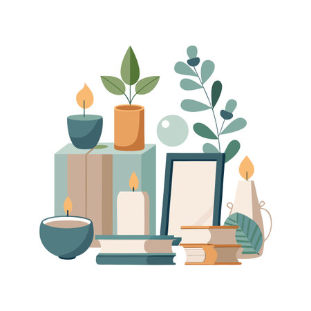 Still life composition of candles, plants, books and picture frame for home decor conceptのイラスト素材