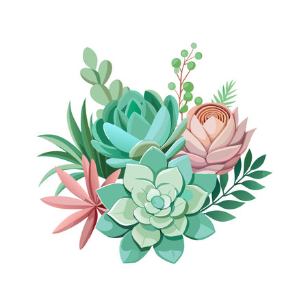 Elegant Succulent and Floral Arrangement in Soft Tones Isolated on White Backgroundのイラスト素材