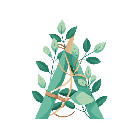 Stylized Letter A Decorated with Green Leaves and Brown Vines on White Backgroundのイラスト素材
