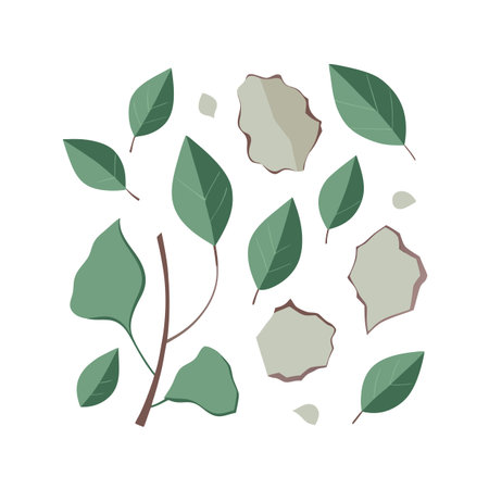 Botanical flat illustration featuring green leaves and abstract rock shapes on white backgroundのイラスト素材