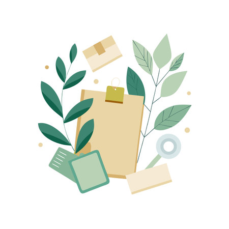 Flat Illustration of Stationery Items Surrounded by Green Plants on White Backgroundのイラスト素材