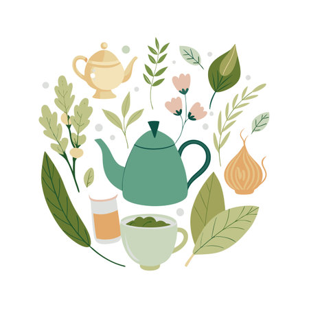 Elegant tea party illustration with teapots, flowers and leaves in a circular designのイラスト素材