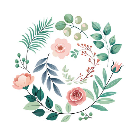 Elegant floral wreath with pastel blooms and lush foliage on a clean white backgroundのイラスト素材