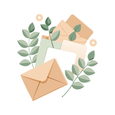 Envelopes and Foliage Flat Vector Illustration for Communication and Nature Themesのイラスト素材