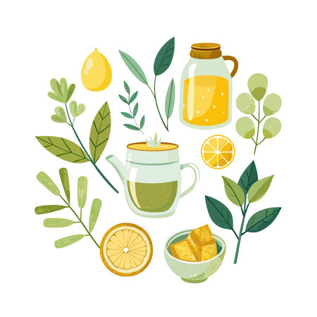 Fresh Lemon Tea Composition with Teapot, Honey Jar, Leaves, and Sugar Cubesのイラスト素材