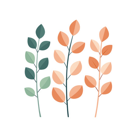 Three sprigs with colored leaves forming a decorative element on a white backgroundのイラスト素材