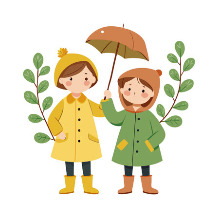 Cartoon girls share an umbrella on a rainy day in yellow and green colorsのイラスト素材