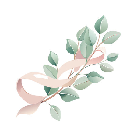 Watercolor Eucalyptus Branch with Pink Ribbon: Elegant Botanical Design for Invitations and Stationeryのイラスト素材