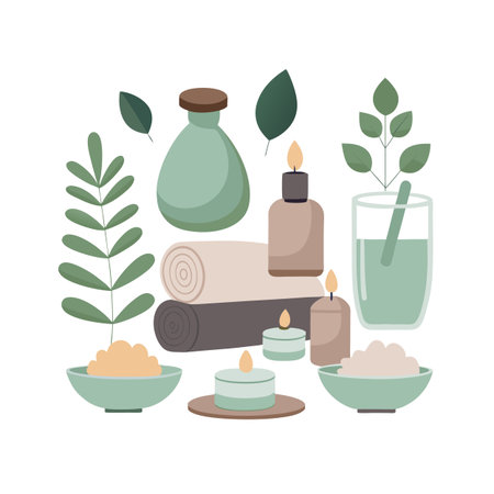 Spa and wellness items with candles, towels, oil and plants in soft green hues.のイラスト素材