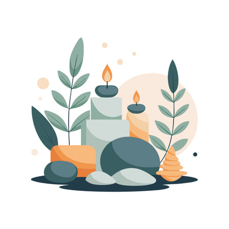 Zen Still Life with Candles, Stones and Plants for Spa and Relaxation Themeのイラスト素材
